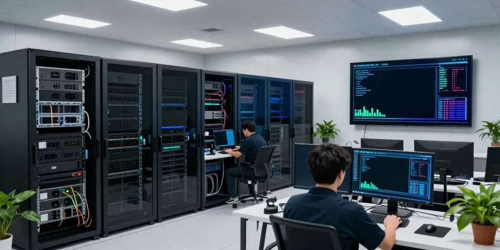 AI inference-focused GPU servers in a modern data center with technicians monitoring performance metrics.