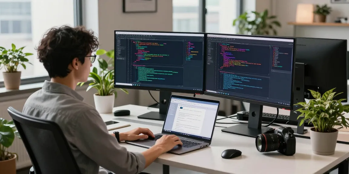 Explore https://fuzzmanta.com/ with a focused software developer in a modern workspace, showcasing innovation and design.