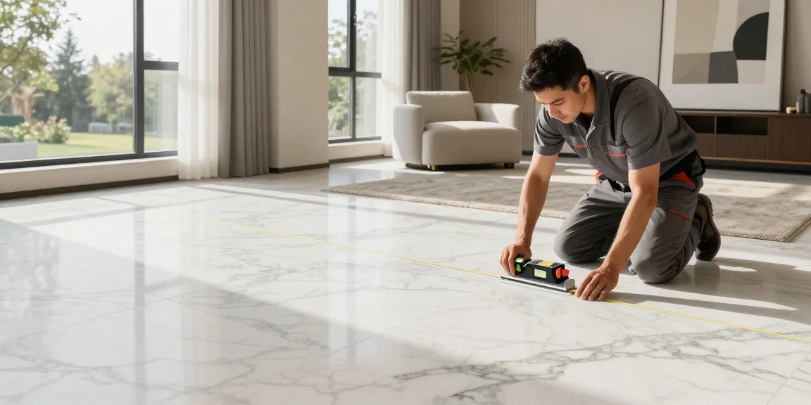 Technician installing NAGA2000 premium marble flooring with precision in a brightly lit upscale interior.