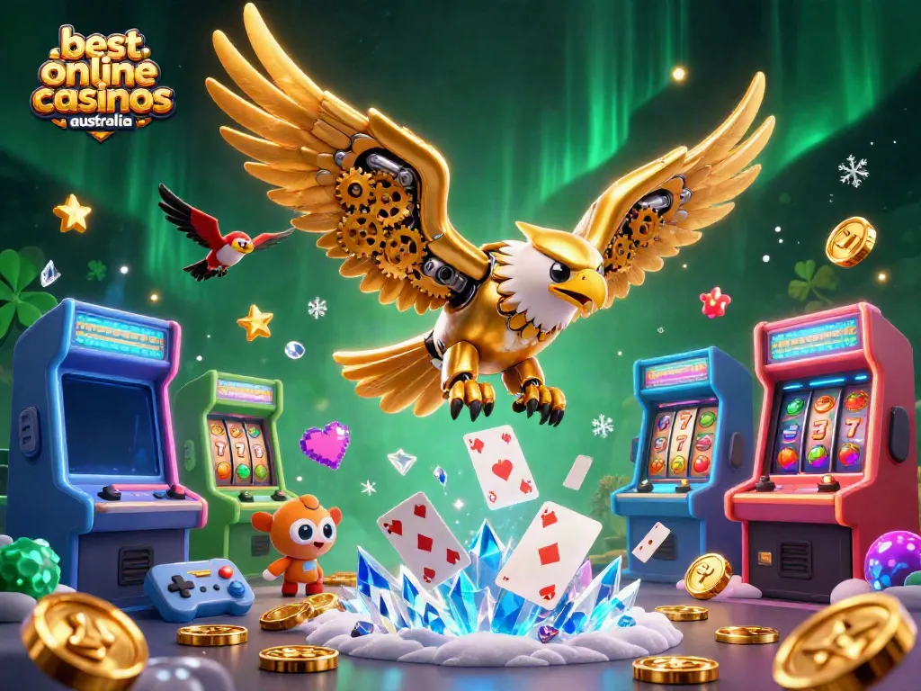 Engaging illustration of the best online casinos Australia with a golden eagle and casino elements.