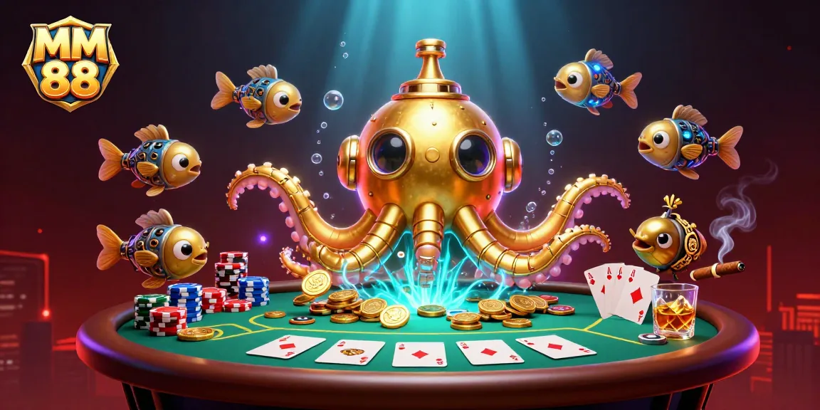 Engage in thrilling gameplay with MM 88's vibrant poker scene featuring a golden kraken amidst golden coins.