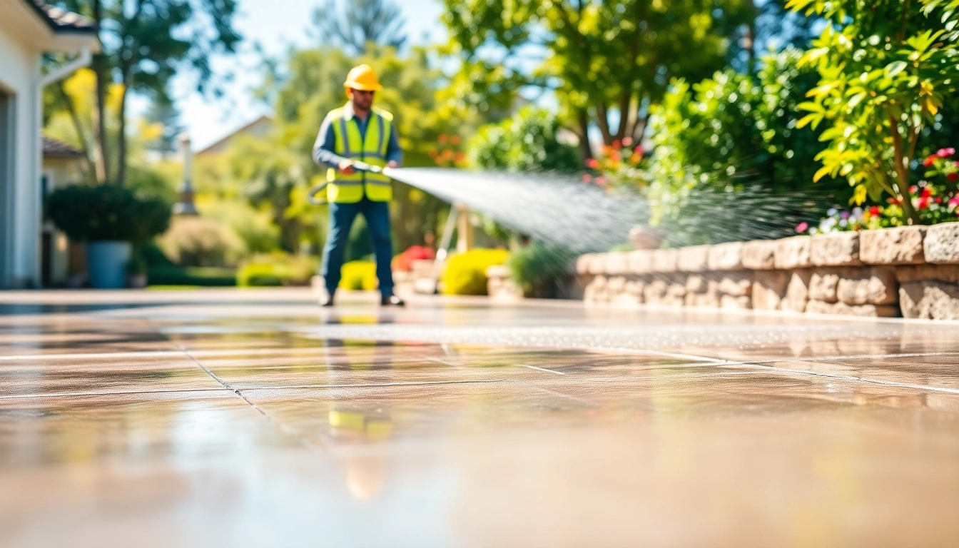 Professional driveway cleaning showcasing a concrete surface being washed thoroughly, emphasizing cleanliness.