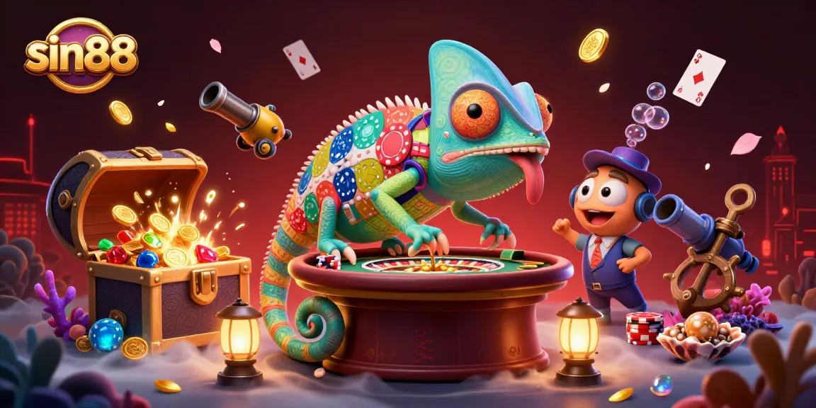 Engage with sin88's lively casino scene featuring a chameleon owner and gold coins.