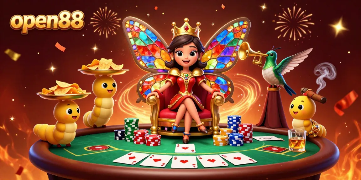 Experience the excitement of open88 with a vibrant butterfly queen and poker elements in a lively casino scene.