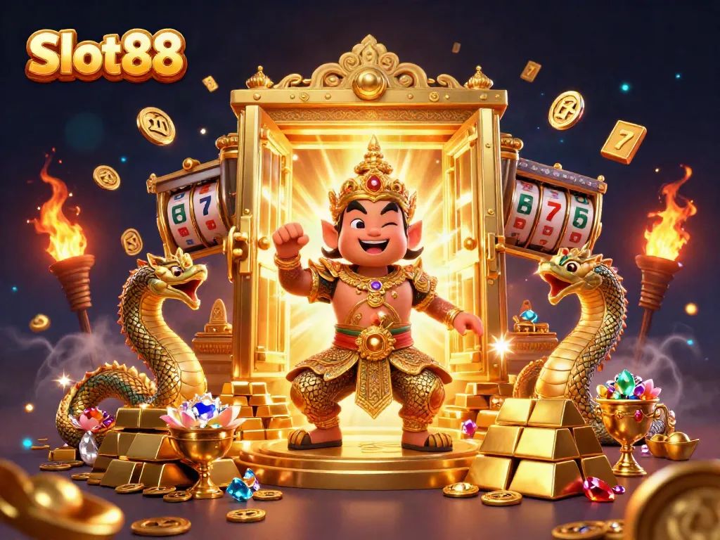 Aksi permainan slot Slot88 dengan penjaga kuil Thailand dan naga berkilau.