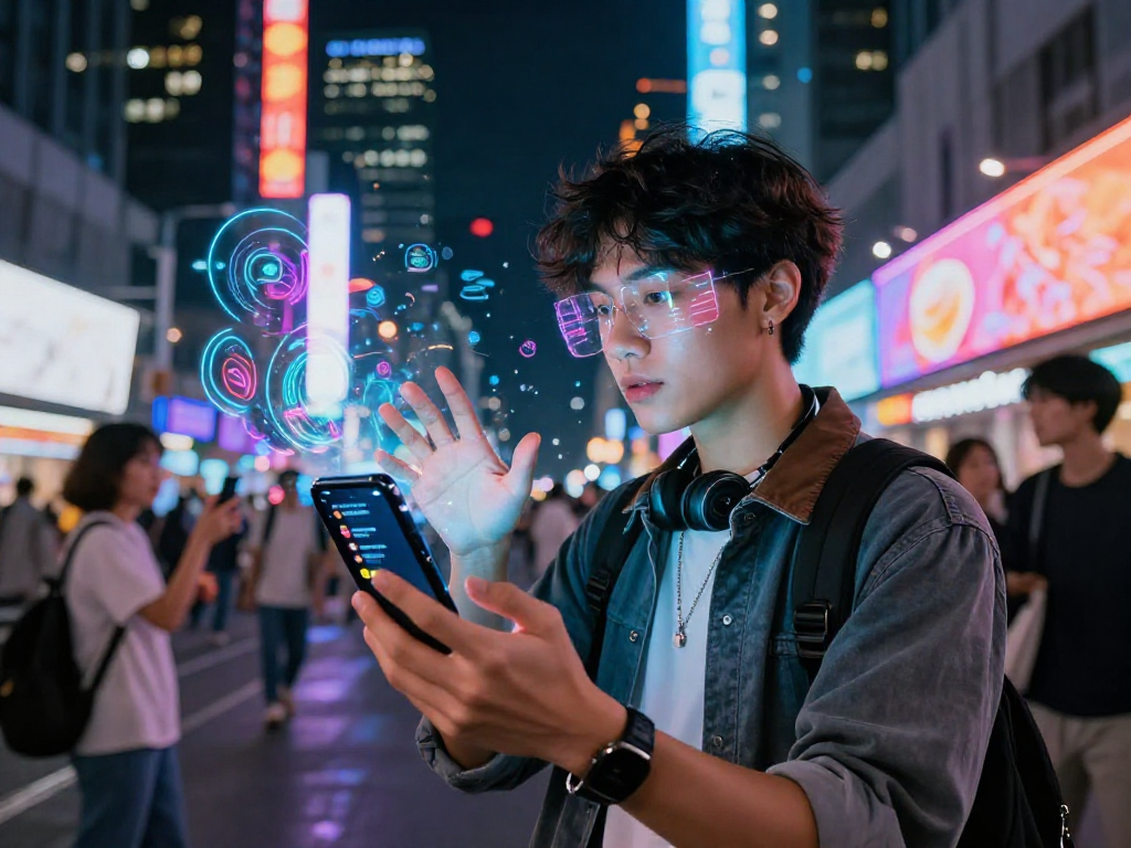 Engaging scene of character using hentai ai chat feature in a neon-lit urban environment, showcasing futuristic interactions.