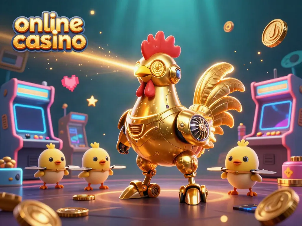 Engage with an exciting online casino scene featuring a vibrant golden rooster robot and animated gaming elements.