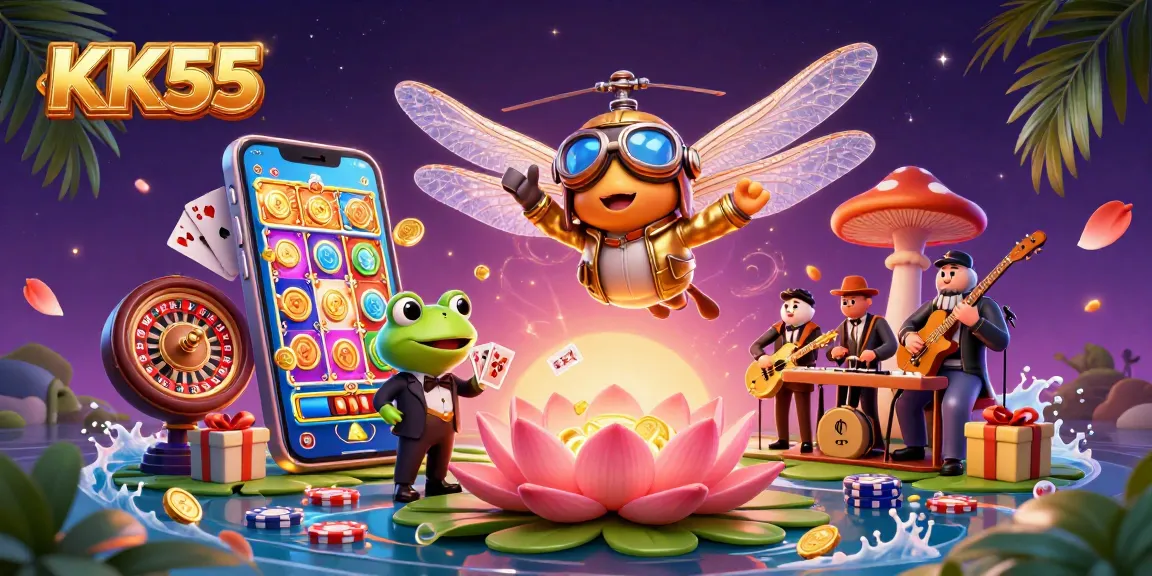 KK55 offers thrilling gaming action with a dynamic casino scene showcasing a dragonfly pilot and frog croupier.