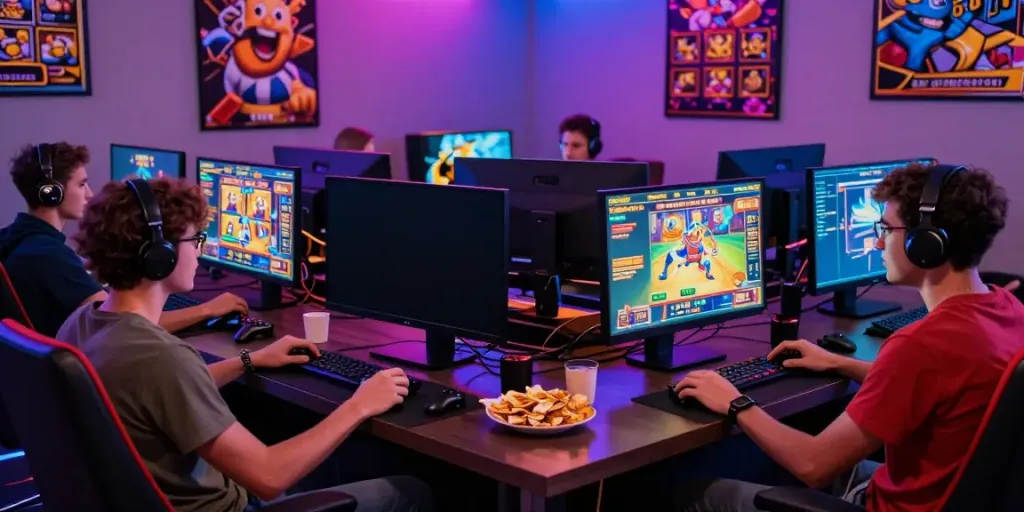 Friends enjoying online สล็อตเว็บตรง gaming in a vibrant lounge setting.