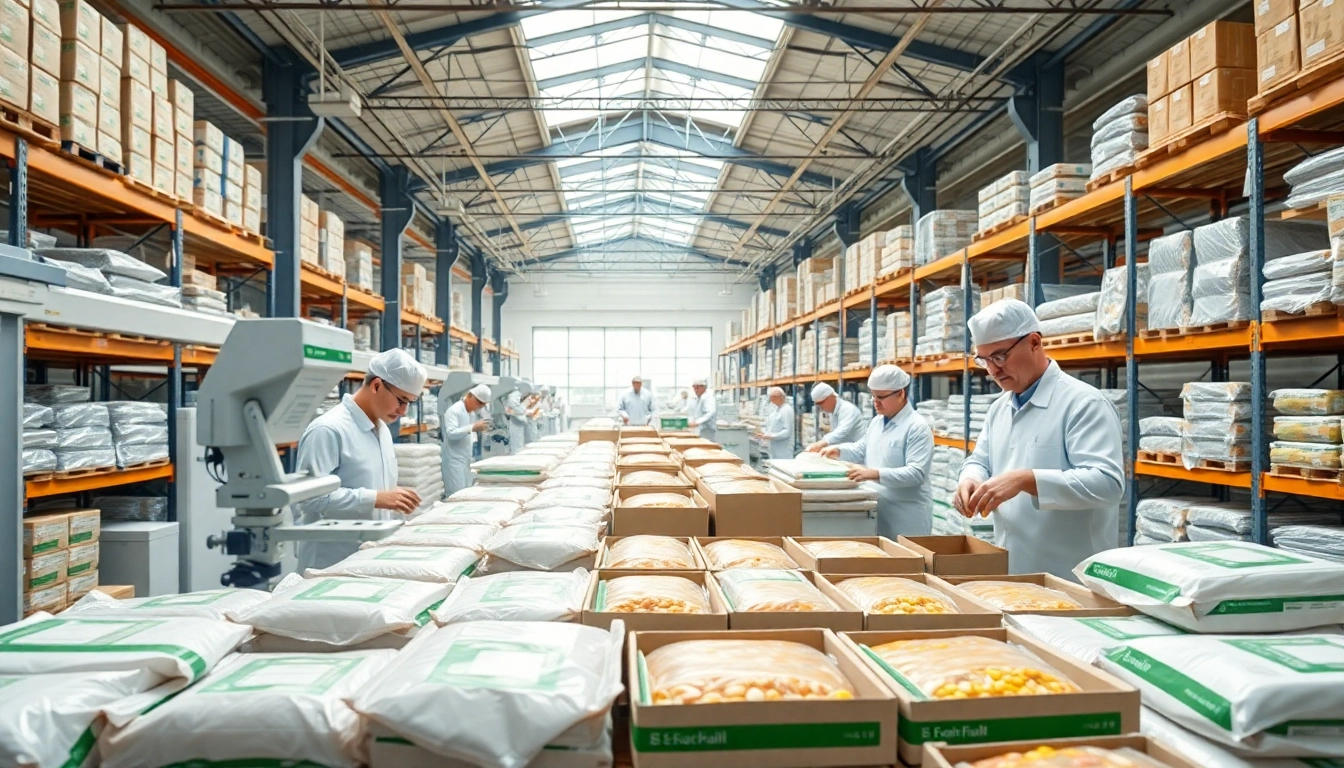 Showcase of food contract packaging process highlighting efficiency and quality in a modern warehouse.