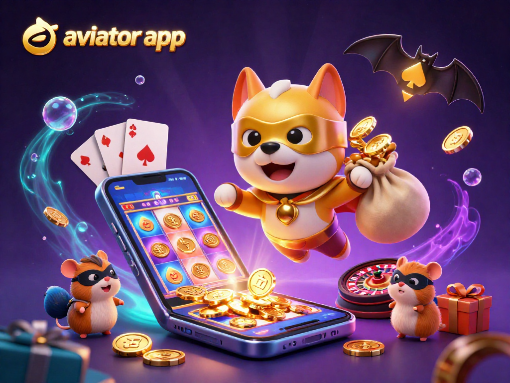 Aviator app showcases a cartoon superhero dog flying with coins amidst casino elements, engaging players with exciting gaming action.