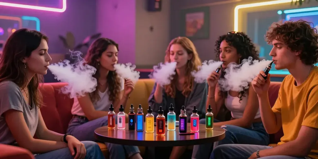 Friends enjoying flavorful vape e liquid in a stylish vaping lounge.