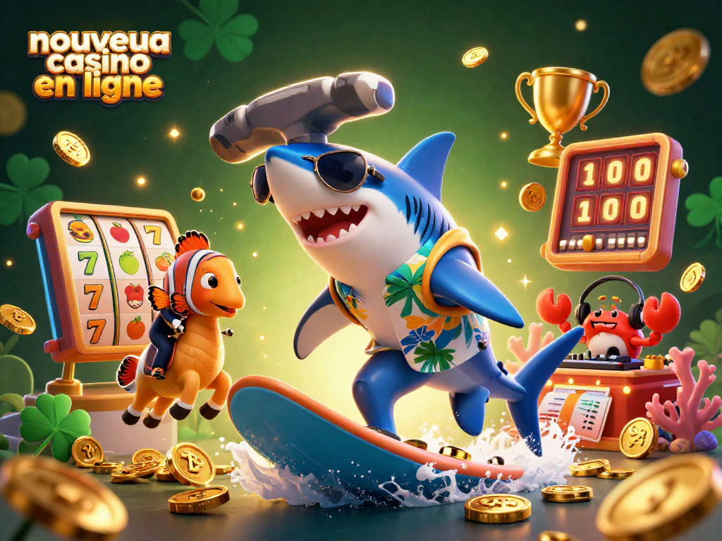 Illustration captivante d'un nouveau casino en ligne avec un requin, un poisson clown et un DJ, entourés de machines à sous.