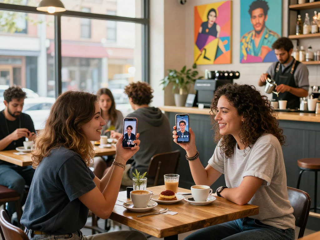 Friends comparing photos to see which celebrities look alike at a café.
