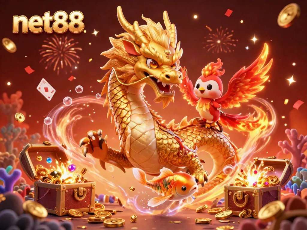 Experience thrilling action at net88 with vibrant characters, coins, and games in a 3D fantasy scene.