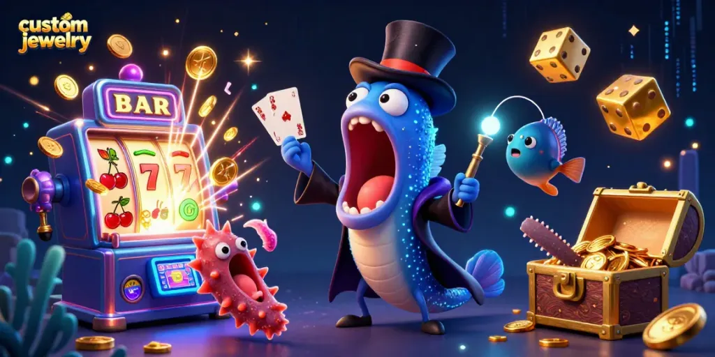 Experience custom jewelry magic with underwater creatures creating dazzling casino-themed tricks.