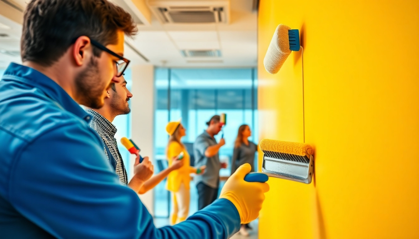 Commercial painting experts revitalizing an office space with vibrant colors and skillful strokes.