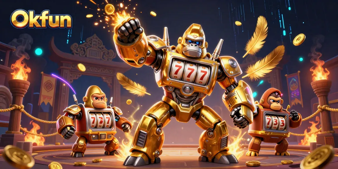 Engage with Okfun’s golden gorilla mech amidst dynamic casino elements and vibrant effects.