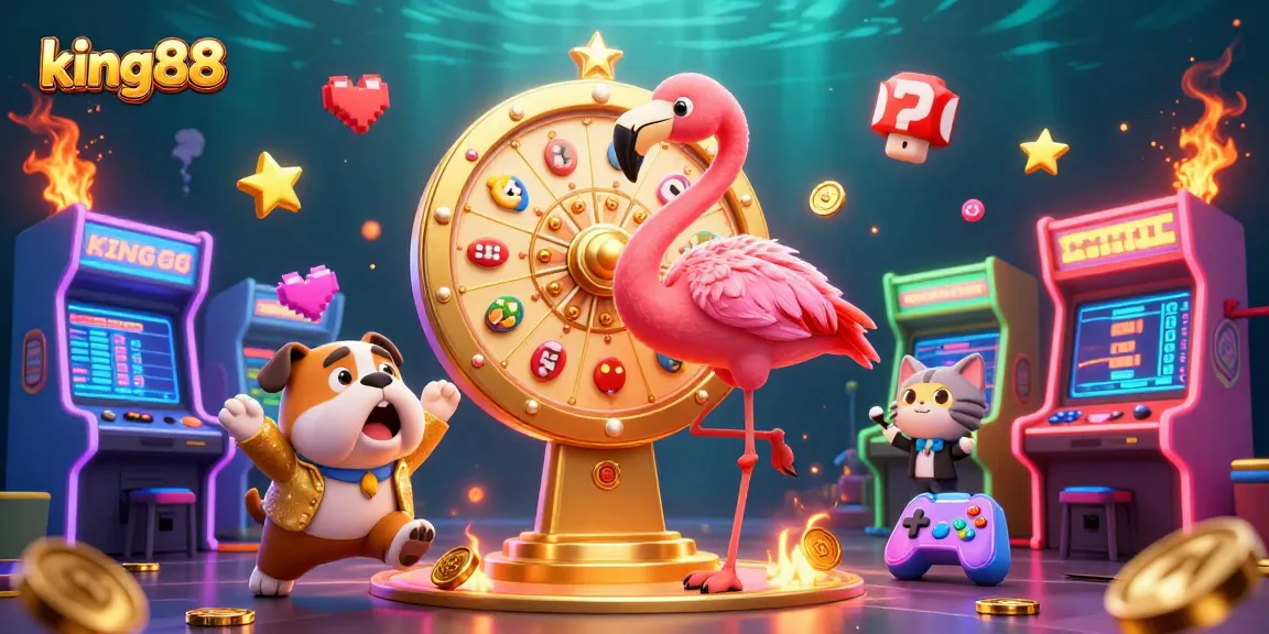 Winning with king88 as a flamboyant flamingo hosts a vibrant game show filled with prizes and arcade excitement.