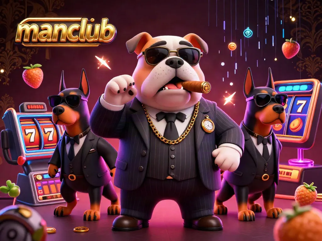 Engage in the vibrant casino experience at manclub featuring a mafia boss bulldog surrounded by slot machines.