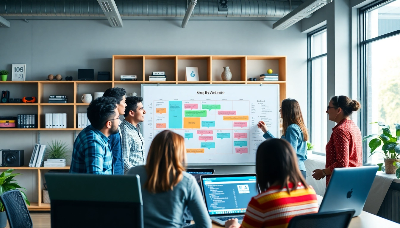 Collaborative team discussing Shopify website development services in a modern office.