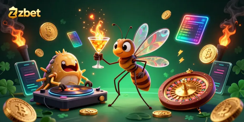 Engage with zbet's vibrant digital casino scene showcasing a lively mascot and unique gaming elements.