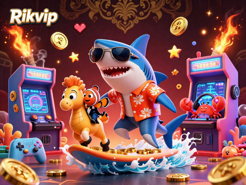 Experience thrilling gaming with Rikvip showcased by a shark surfing on gold coins, vibrant arcade elements, and energetic atmosphere.