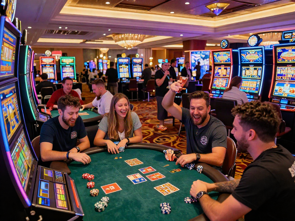 Playing slot deposit qris 5k in a lively casino setting with friends