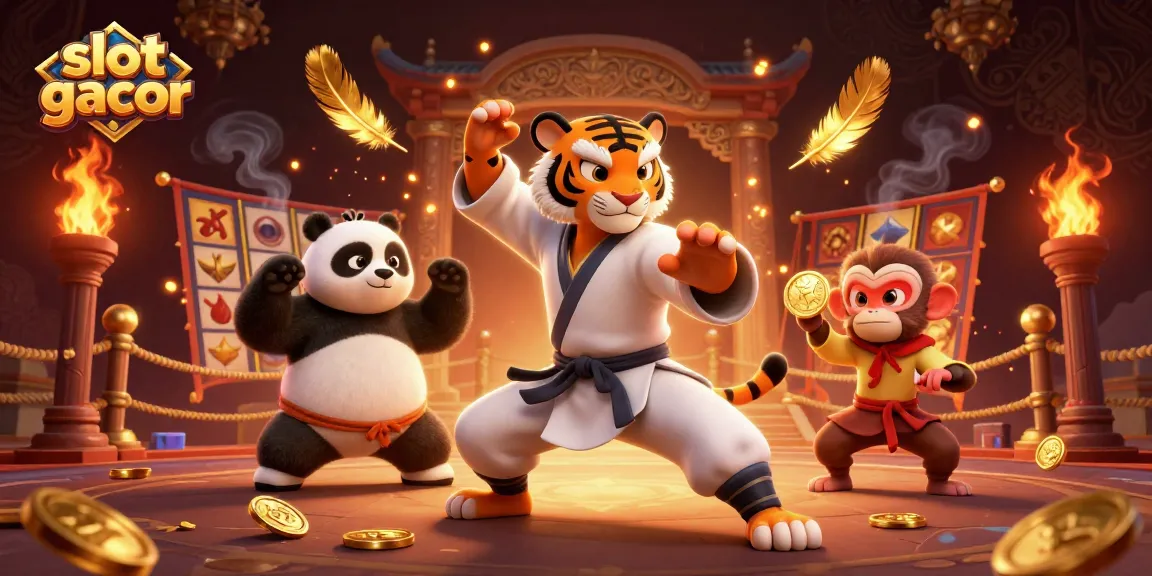 Experience the thrill of slot gacor in a dynamic scene with kung fu characters and casino elements.