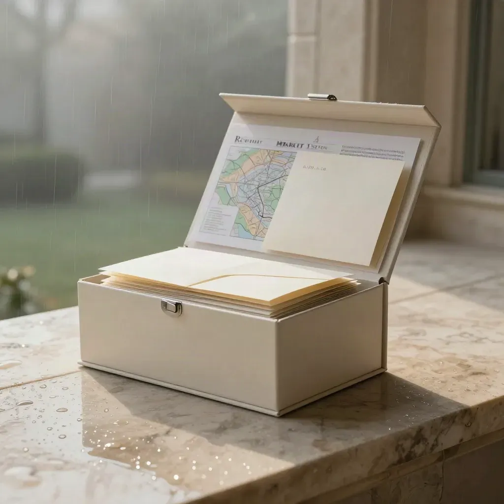 Cream launch kit box with folios on rain-wet limestone, misty courtyard behind.