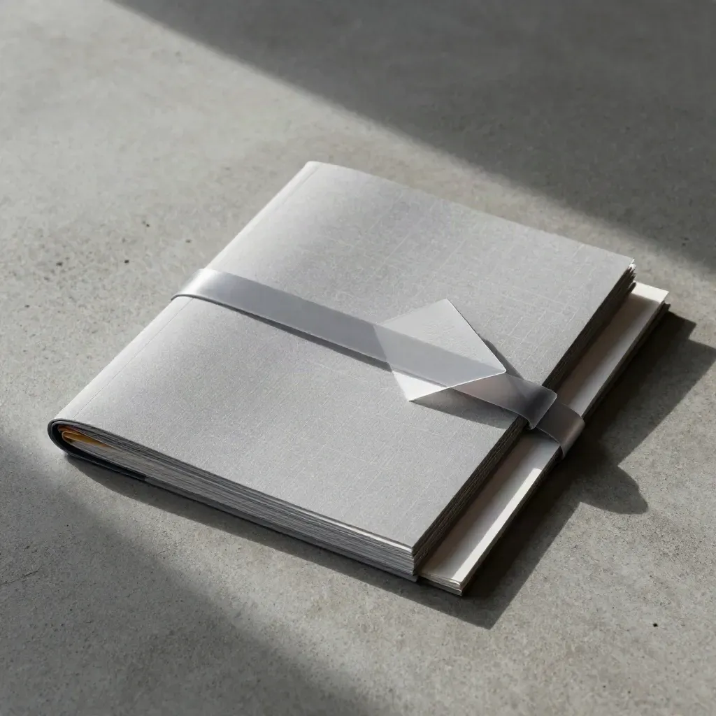 Overhead pitch-review folio with translucent tabs and layered critique cards on concrete.