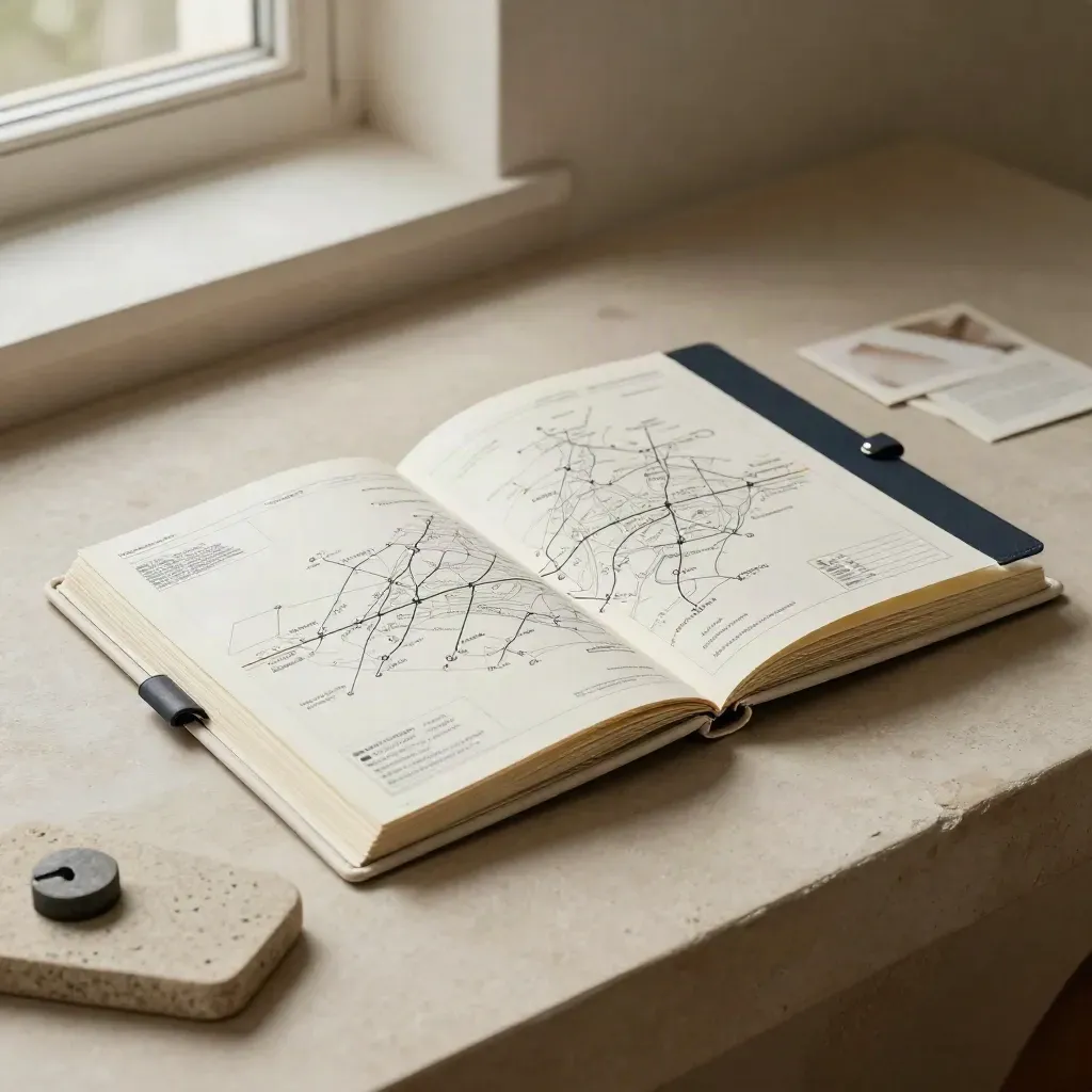 Luxury startup planning kit on a plaster plinth with soft navy accents