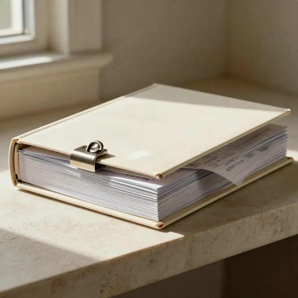 Half-open audit binder with fanned dividers and metal clasp on a stone shelf