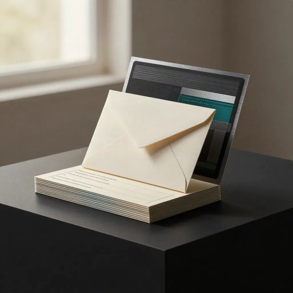 Floating validation packet with sample cards, a sealed envelope, and a slipping sheet.