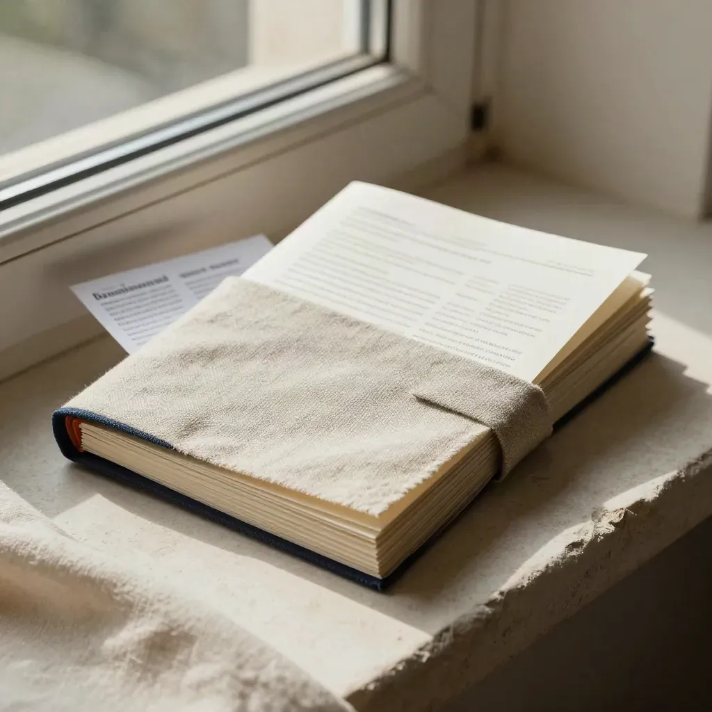 Linen-wrapped notes folio half-buried in soft fabric, with paper leaves and summary sheet.