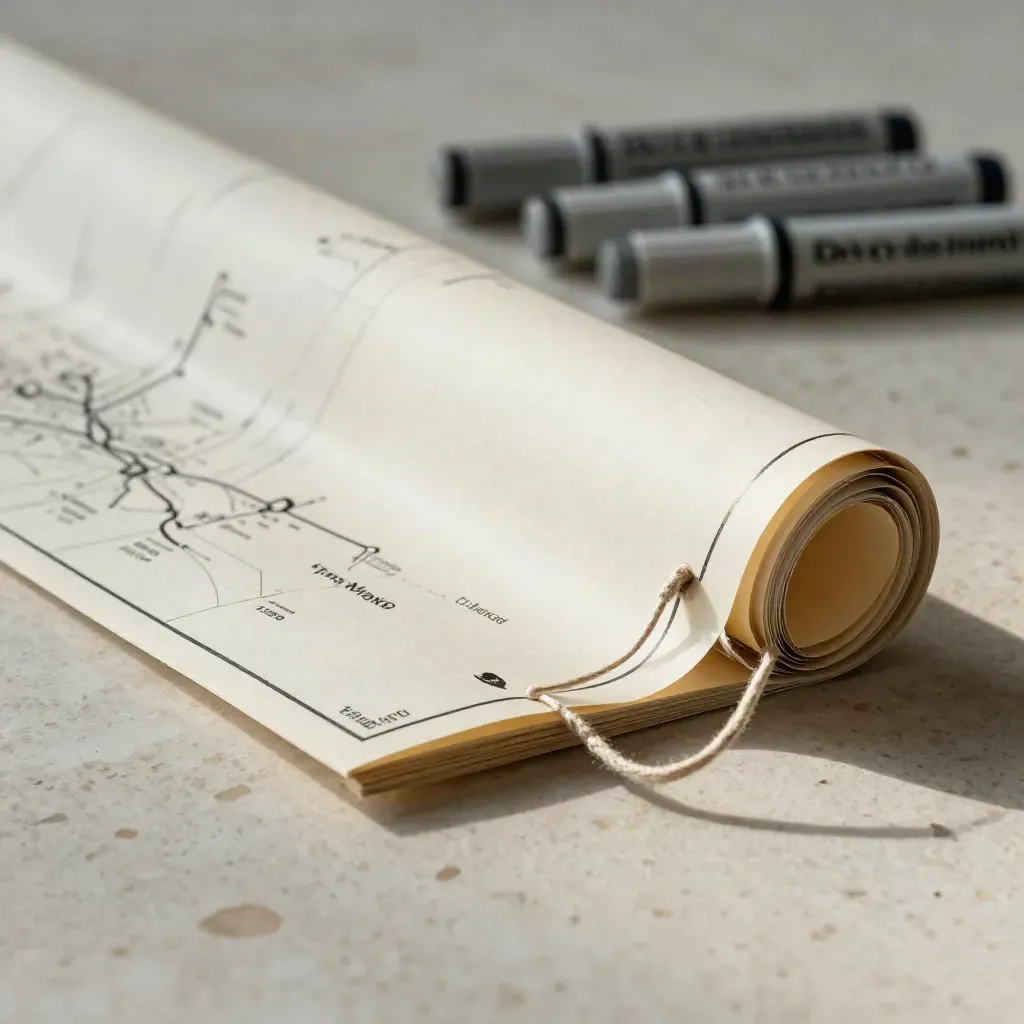 Folded go-to-market map set with paper markers and cord tie on travertine.