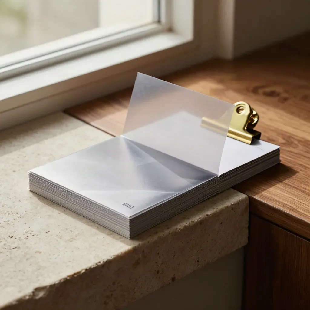Fundraising prep deck with translucent sleeve and brass clip leaning on pale stone.