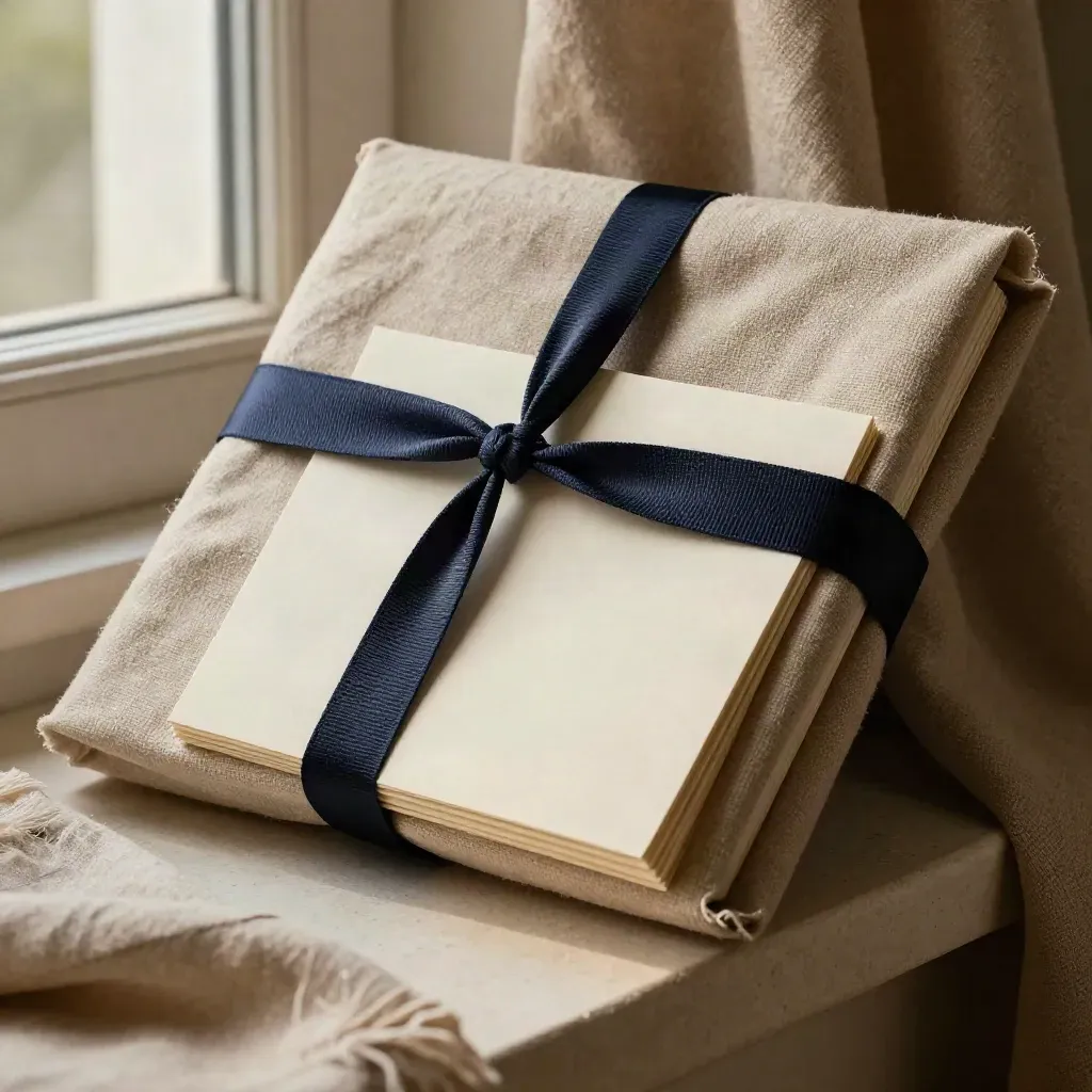 Macro of a linen-wrapped founder coaching pack with navy ribbon, pocket card and paper tabs.