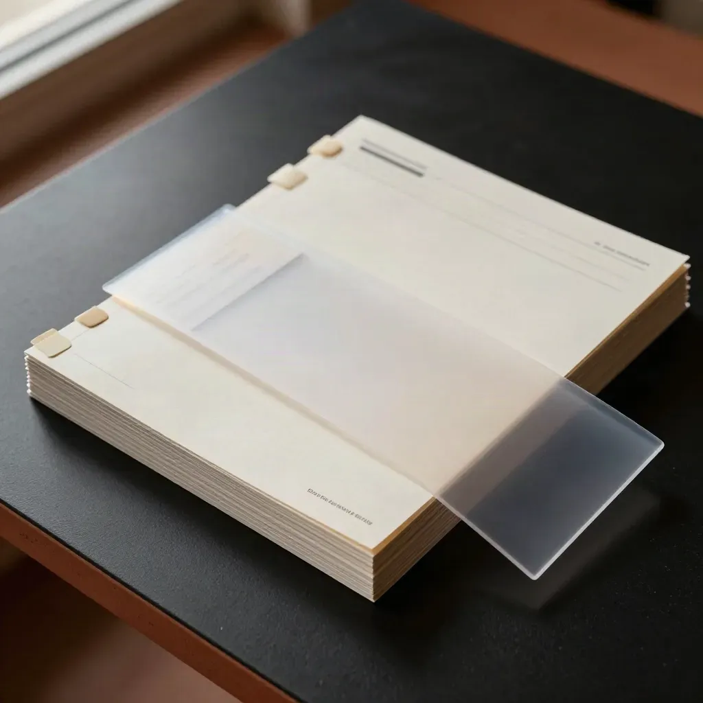 Overhead stack of MVP scope sheets in a sleeve on matte black with soft rim light