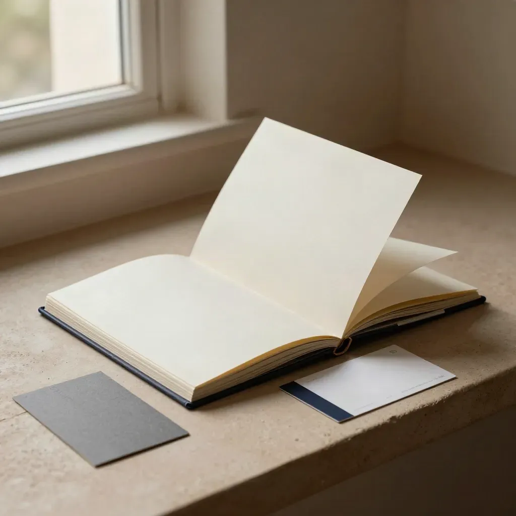 Unbranded offer folio, slim booklet and insert on a warm plaster ledge with a midnight navy accent.