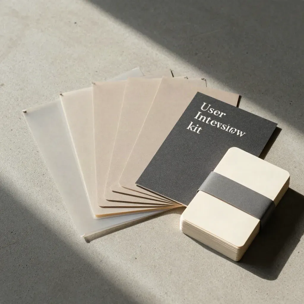 Overhead flatlay of interview prompt cards with vellum overlays and a slate-gray band.
