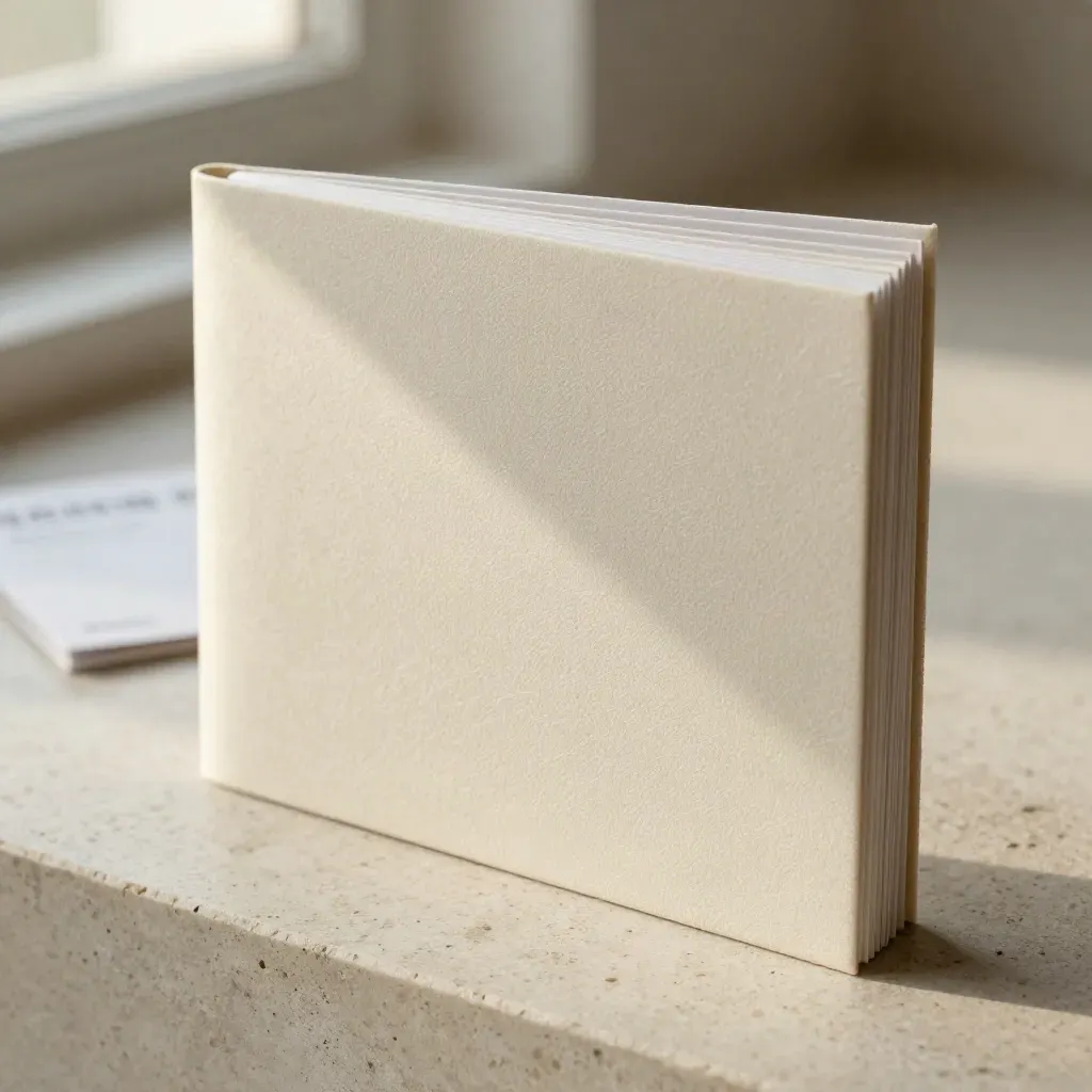 Extreme macro of a cream investor FAQ sleeve with staggered dividers and clipped inserts.