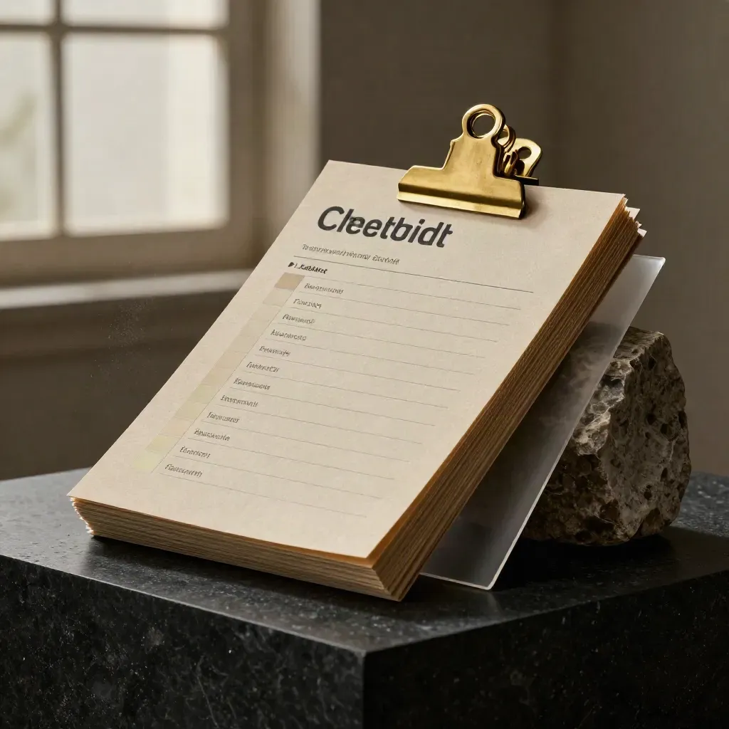 Unbranded launch checklist paper pack with brass clip and tab markers leaning on stone, in dramatic studio light