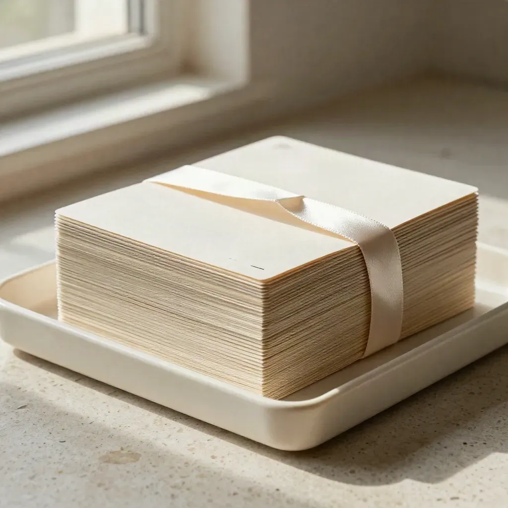 Ivory pricing review packet with tabs and ribbon on pale stone
