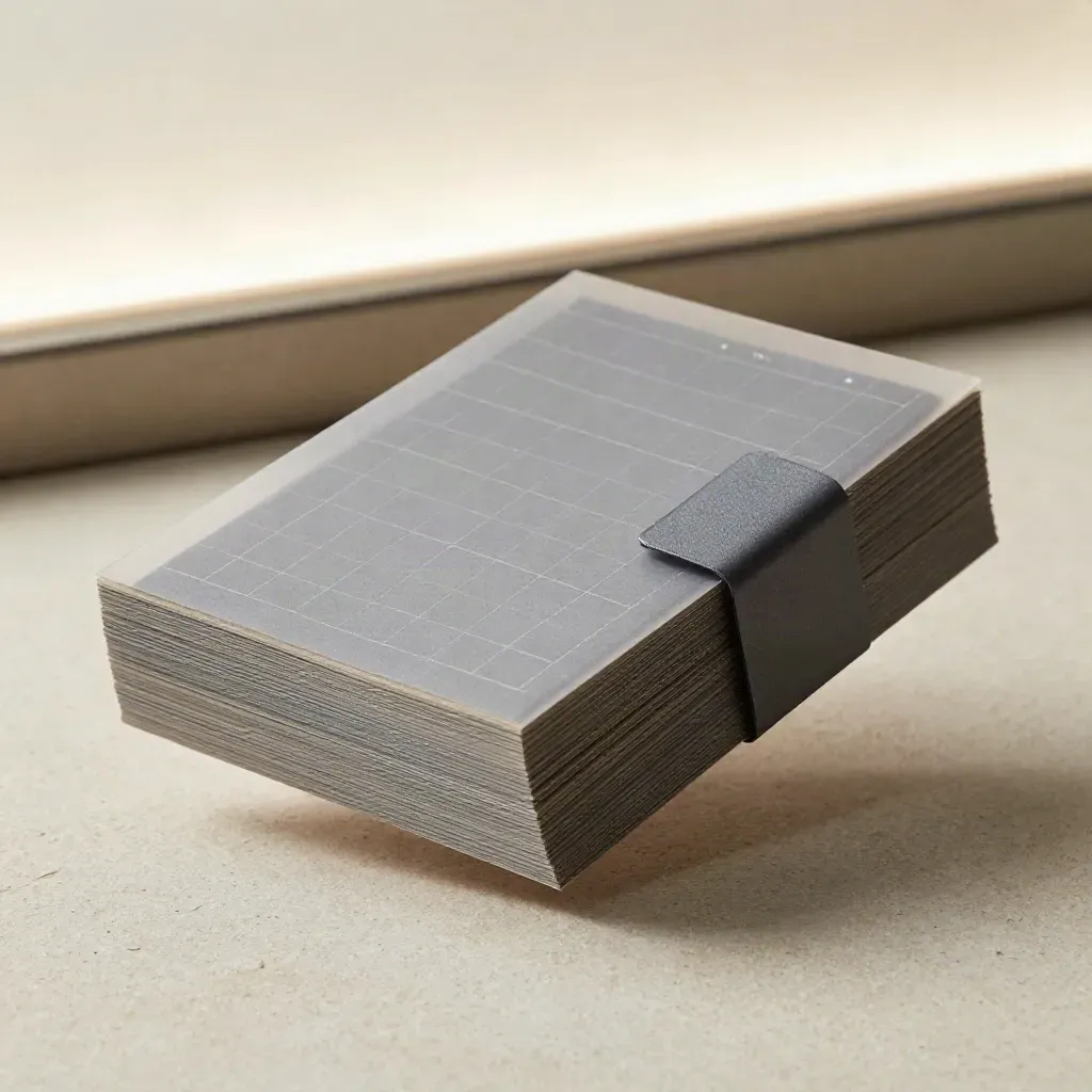 Layered MVP backlog sheets with translucent cover and divider on a limestone surface.