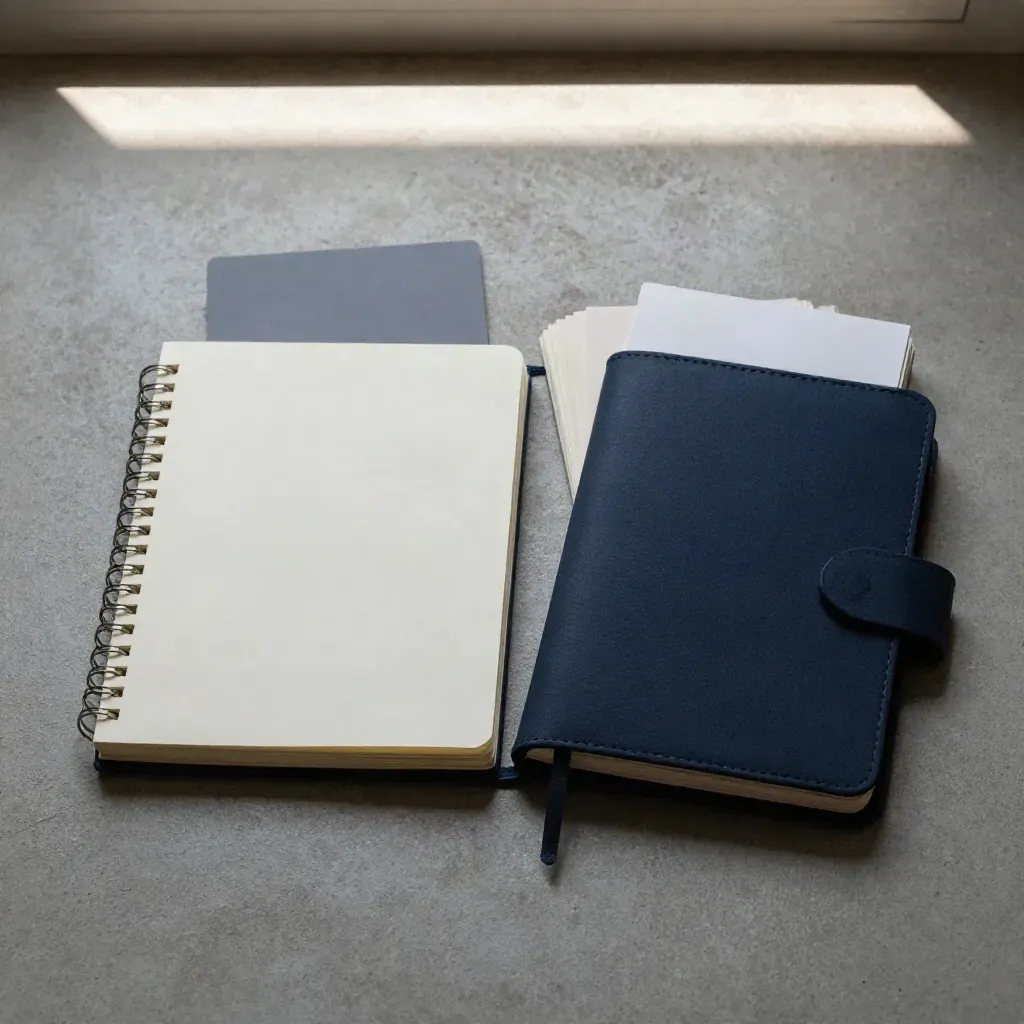Overhead flatlay of a navy founder FAQ kit with notebook, folded prompt cards, and sleeve on concrete.