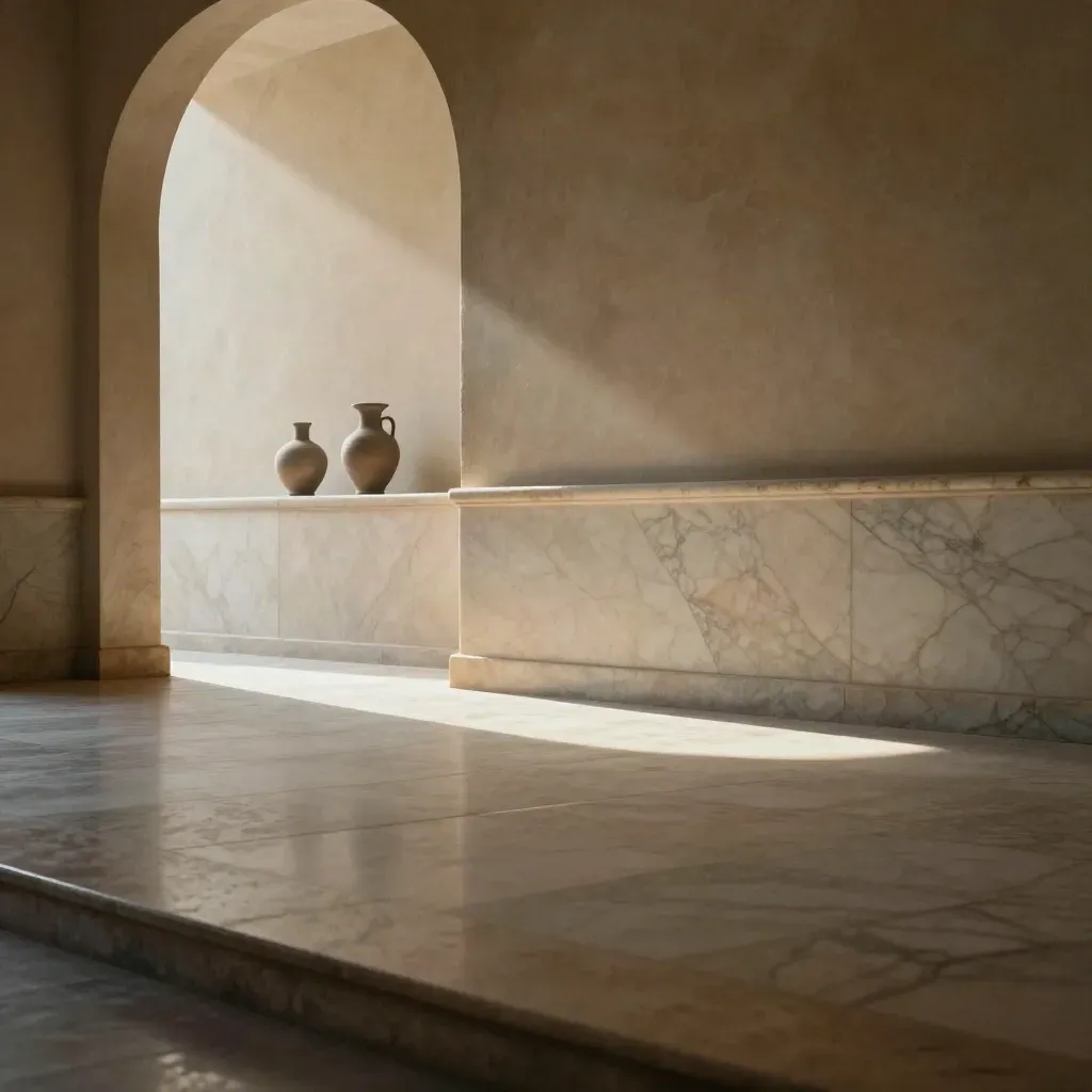 Sunlit marble hallway with arch, stone ledge, and pottery silhouettes in warm haze.