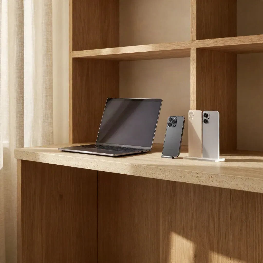 Oak-lined interior with laptop and prototype objects on a stone counter in soft afternoon light.