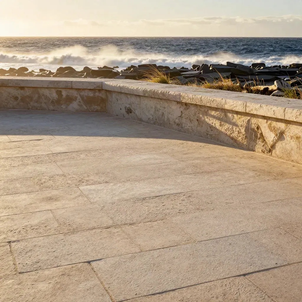 Golden-hour coastal terrace with pale limestone paving, low wall, and hazy surf.