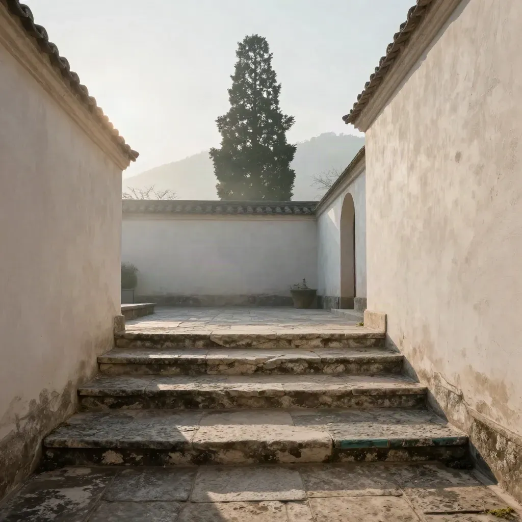 Dawn mist over stone courtyard steps with a tall cypress and pale plaster walls.